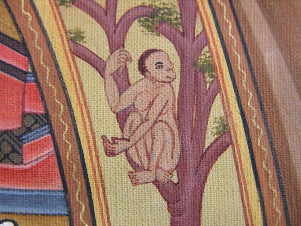 Tibetan Buddhism Wheel Of Life 07 03 Consciousness - Monkey In Tree In the third link, consciousness, a monkey leaps from branch to branch, picking fruit from a tree. Leaving the intermediate state after death, the rebirth seeking consciousness clutches at another new life with the realm it inhabits being conditioned by the karma and mental states it developed in the past.
